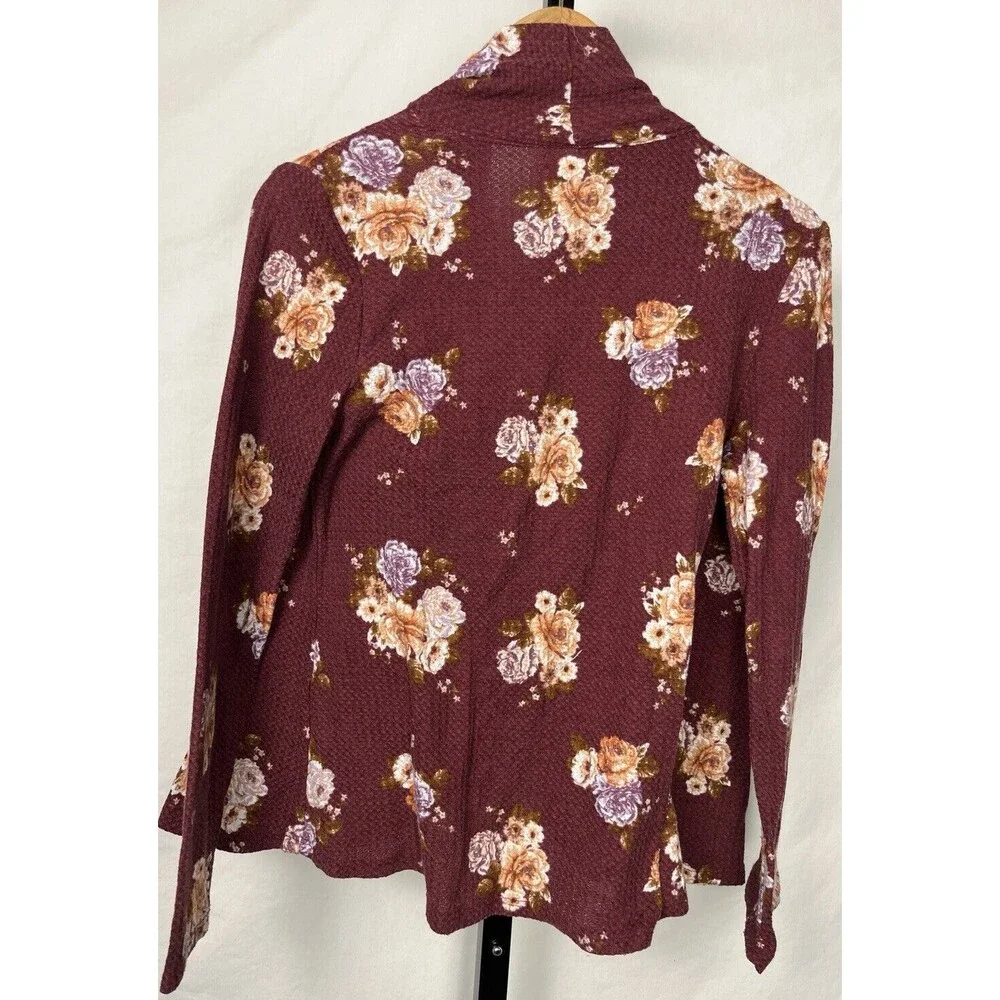 Maurices Sweater Cardigan Long Sleeve Draping Cowl Neck Burgundy Floral‎ Small